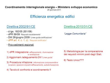Coordinamento interregionale energia – Ministero sviluppo economico 26 gennaio 2011 Efficienza energetica edifici Direttiva 2002/91/CE - d.lgs. 192/05.