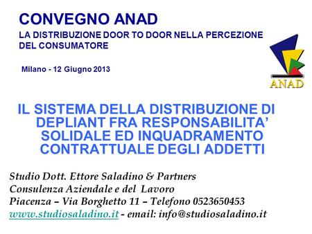 CONVEGNO ANAD LA DISTRIBUZIONE DOOR TO DOOR NELLA PERCEZIONE DEL CONSUMATORE Milano - 12 Giugno 2013 IL SISTEMA DELLA DISTRIBUZIONE DI DEPLIANT FRA RESPONSABILITA’