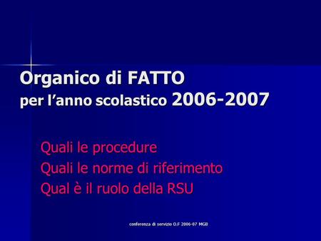 Conferenza di servizio O.F 2006-07 MGB Organico di FATTO per lanno scolastico 2006-2007 Quali le procedure Quali le norme di riferimento Qual è il ruolo.