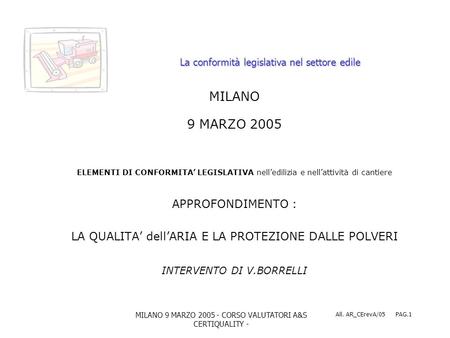 MILANO 9 MARZO 2005 - CORSO VALUTATORI A&S CERTIQUALITY - All. AR_CErevA/05 PAG.1 La conformità legislativa nel settore edile MILANO 9 MARZO 2005 ELEMENTI.