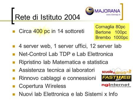 Rete di Istituto 2004 Circa 400 pc in 14 sottoreti 4 server web, 1 server uffici, 12 server lab Net-Control Lab TDP e Lab Elettronica Ripristino lab Matematica.
