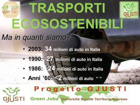 TRASPORTI ECOSOSTENIBILI 2003: 34 milioni di auto in Italia 1990: 27 milioni di auto in Italia 1986: 24 milioni di auto in Italia Anni 60: 