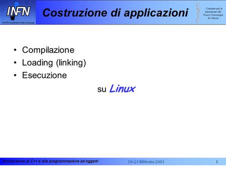 Introduzione al C++ e alla programmazione ad oggetti 19-23 febbraio 20011 Costruzione di applicazioni Compilazione Loading (linking) Esecuzione su Linux.