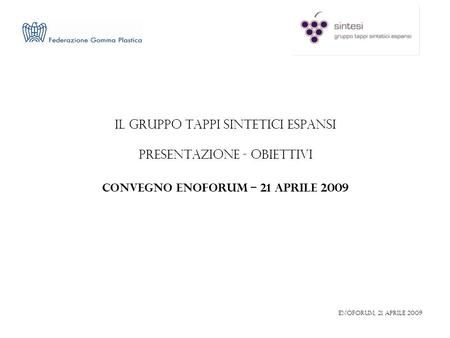 IL GRUPPO TAPPI SINTETICI ESPANSI PRESENTAZIONE - OBIETTIVI CONVEGNO ENOFORUM – 21 APRILE 2009 ENOFORUM, 21 aprile 2009.