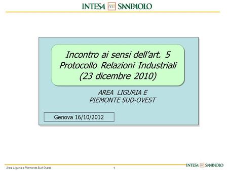 1 Area Liguria e Piemonte Sud Ovest Incontro ai sensi dellart. 5 Protocollo Relazioni Industriali (23 dicembre 2010) AREA LIGURIA E PIEMONTE SUD-OVEST.