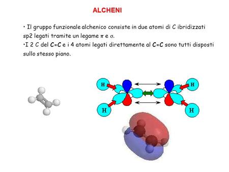 ALCHENI Il gruppo funzionale alchenico consiste in due atomi di C ibridizzati sp2 legati tramite un legame p e s. I 2 C del C=C e i 4 atomi legati direttamente.