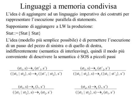 Linguaggi a memoria condivisa Lidea è di aggiungere ad un linguaggio imperativo dei costrutti per rappresentare lesecuzione parallela di statements. Supponiamo.
