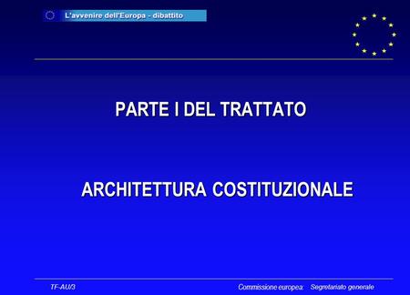 Segretariato generale PARTE I DEL TRATTATO PARTE I DEL TRATTATO ARCHITETTURA COSTITUZIONALE ARCHITETTURA COSTITUZIONALE TF-AU/3 Commissione europea: