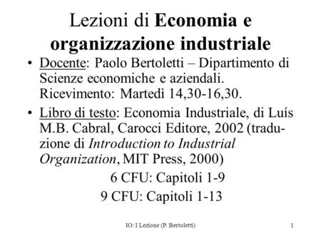 Lezioni di Economia e organizzazione industriale