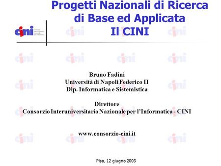Pisa, 12 giugno 2003 Progetti Nazionali di Ricerca di Base ed Applicata Il CINI Bruno Fadini Università di Napoli Federico II Dip. Informatica e Sistemistica.