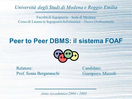 Peer to Peer DBMS: il sistema FOAF Facoltà di Ingegneria – Sede di Modena Corso di Laurea in Ingegneria Informatica – Nuovo Ordinamento Università degli.