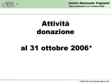 Centro Nazionale Trapianti Attivitàdonazione al 31 ottobre 2006* al 31 ottobre 2006* FONTE DATI: Dati Definitivi Reports CIR *Dati preliminari al 31 ottobre.
