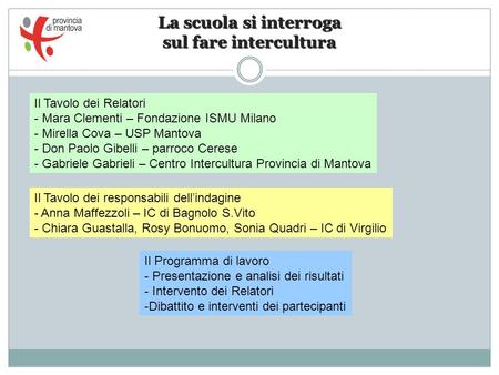 La scuola si interroga sul fare intercultura Il Tavolo dei Relatori - Mara Clementi – Fondazione ISMU Milano - Mirella Cova – USP Mantova - Don Paolo Gibelli.