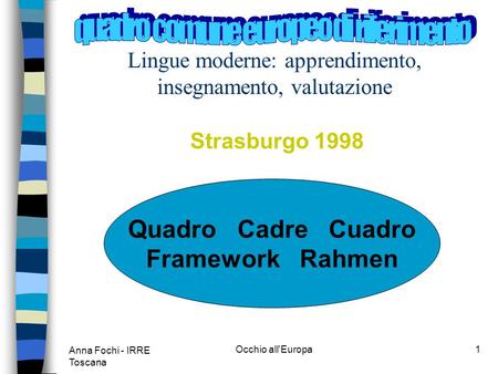 Anna Fochi - IRRE Toscana Occhio all'Europa1 Lingue moderne: apprendimento, insegnamento, valutazione Strasburgo 1998 Quadro Cadre Cuadro Framework Rahmen.