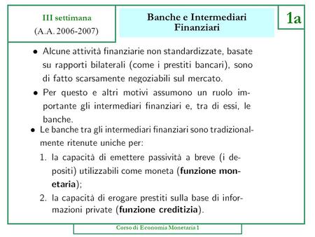Frontespizio Economia Monetaria Anno Accademico 2006-07.