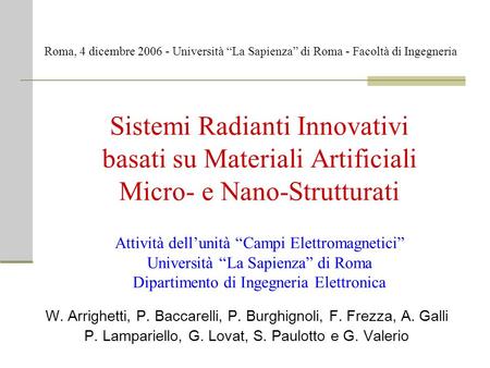 Roma, 4 dicembre 2006 - Università “La Sapienza” di Roma - Facoltà di Ingegneria Sistemi Radianti Innovativi basati su Materiali Artificiali Micro- e Nano-Strutturati.