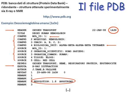 PDB: banca dati di strutture (Protein Data Bank) – ridondante – strutture ottenute sperimentalmente via X-ray o NMR Il file PDB http://www.pdb.org Esempio: