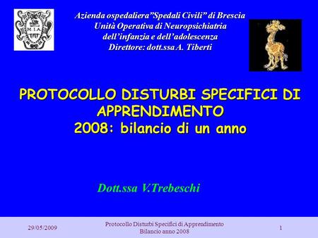 29/05/2009 Protocollo Disturbi Specifici di Apprendimento Bilancio anno 2008 1 Azienda ospedalieraSpedali Civili di Brescia Unità Operativa di Neuropsichiatria.