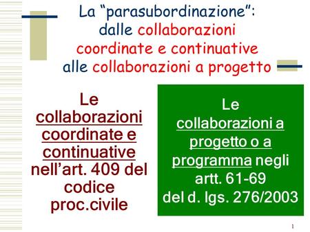 La “parasubordinazione”: dalle collaborazioni coordinate e continuative alle collaborazioni a progetto Le collaborazioni a progetto o a programma negli.