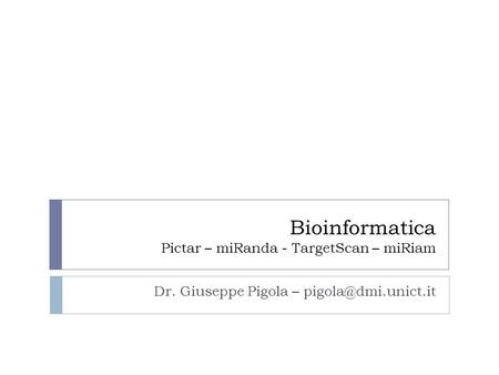 Bioinformatica Pictar – miRanda - TargetScan – miRiam