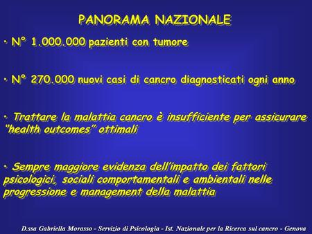 PANORAMA NAZIONALE N° pazienti con tumore