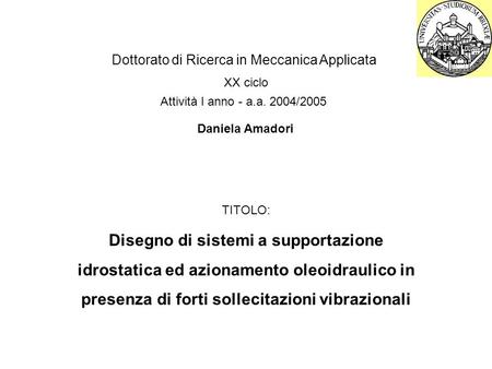 Dottorato di Ricerca in Meccanica Applicata XX ciclo Attività I anno - a.a. 2004/2005 Disegno di sistemi a supportazione idrostatica ed azionamento oleoidraulico.