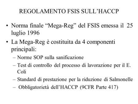 REGOLAMENTO FSIS SULL’HACCP