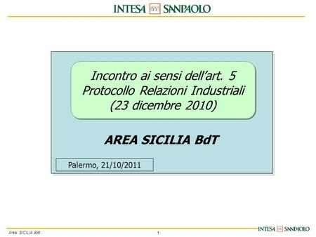 1 Area: SICILIA Bdt Incontro ai sensi dellart. 5 Protocollo Relazioni Industriali (23 dicembre 2010) AREA SICILIA BdT Palermo, 21/10/2011.