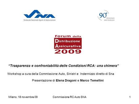 Milano, 18 novembre 09Commissione RC Auto SNA1 Trasparenza e confrontabilità delle Condizioni RCA: una chimera Workshop a cura della Commissione Auto,