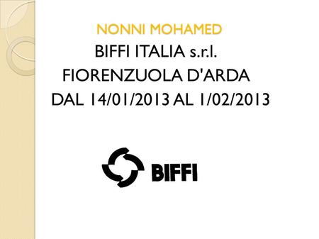 BIFFI ITALIA s.r.l. FIORENZUOLA D'ARDA DAL 14/01/2013 AL 1/02/2013