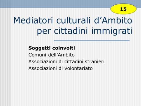 Mediatori culturali dAmbito per cittadini immigrati Soggetti coinvolti Comuni dellAmbito Associazioni di cittadini stranieri Associazioni di volontariato.