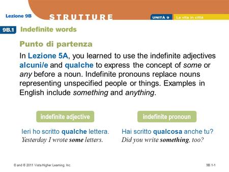 © and ® 2011 Vista Higher Learning, Inc.9B.1-1 Punto di partenza In Lezione 5A, you learned to use the indefinite adjectives alcuni/e and qualche to express.