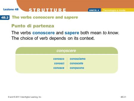 © and ® 2011 Vista Higher Learning, Inc.4B.2-1 Punto di partenza The verbs conoscere and sapere both mean to know. The choice of verb depends on its context.