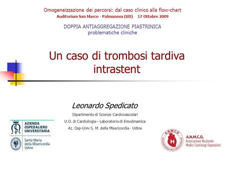 Omogeneizzazione dei percorsi: dal caso clinico alla flow-chart Auditorium San Marco - Palmanova (UD) 17 Ottobre 2009 DOPPIA ANTIAGGREGAZIONE PIASTRINICA.
