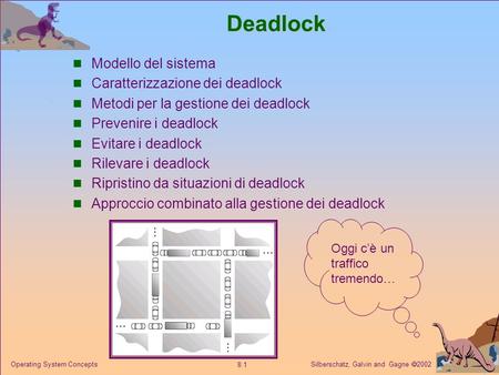 Silberschatz, Galvin and Gagne 2002 8.1 Operating System ConceptsDeadlock Modello del sistema Caratterizzazione dei deadlock Metodi per la gestione dei.