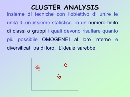 CLUSTER ANALYSIS Insieme di tecniche con l’obiettivo di unire le unità di un insieme statistico in un numero finito di classi o gruppi i quali devono.