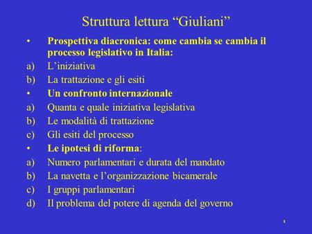 1 Struttura lettura Giuliani Prospettiva diacronica: come cambia se cambia il processo legislativo in Italia: a)Liniziativa b)La trattazione e gli esiti.