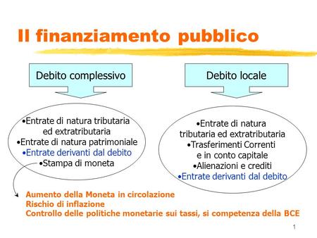 1 Il finanziamento pubblico Debito complessivoDebito locale Entrate di natura tributaria ed extratributaria Entrate di natura patrimoniale Entrate derivanti.