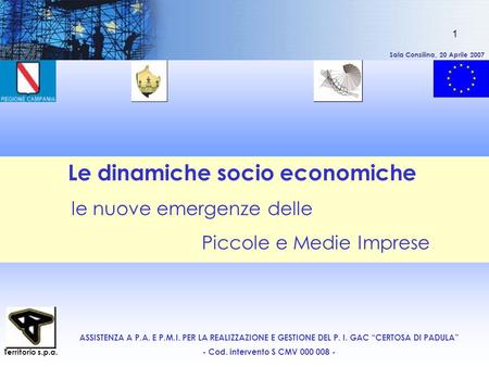 Sala Consilina, 20 Aprile 2007 1 Le dinamiche socio economiche le nuove emergenze delle Piccole e Medie Imprese ASSISTENZA A P.A. E P.M.I. PER LA REALIZZAZIONE.