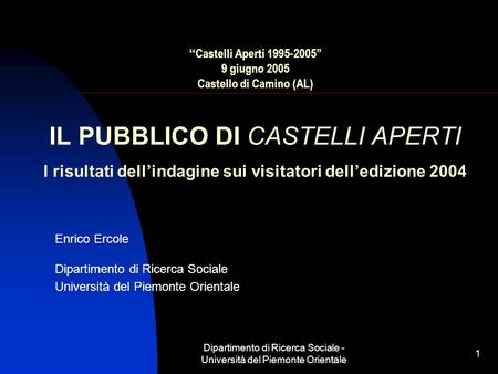 Dipartimento di Ricerca Sociale - Università del Piemonte Orientale 1 Castelli Aperti 1995-2005 9 giugno 2005 Castello di Camino (AL) IL PUBBLICO DI CASTELLI.
