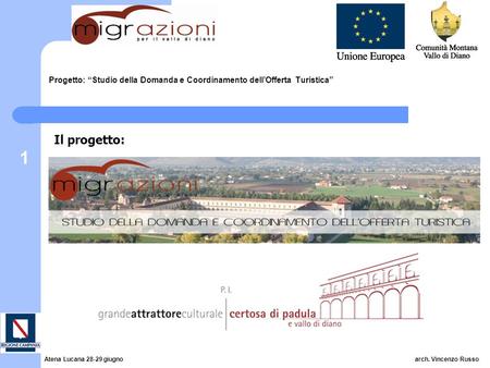 1 Progetto: Studio della Domanda e Coordinamento dellOfferta Turistica Il progetto: Atena Lucana 28-29 giugno arch. Vincenzo Russo.