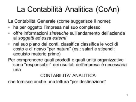 La Contabilità Analitica (CoAn)