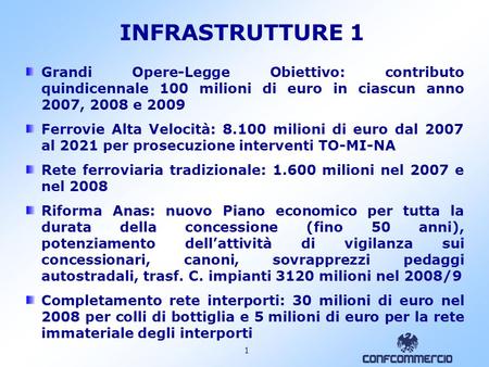 Infrastrutture e Trasporti. 1 INFRASTRUTTURE 1 Grandi Opere-Legge Obiettivo: contributo quindicennale 100 milioni di euro in ciascun anno 2007, 2008 e.