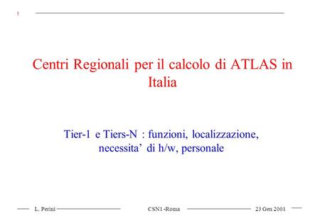 L. Perini CSN1 -Roma 23 Gen 2001 1 Centri Regionali per il calcolo di ATLAS in Italia Tier-1 e Tiers-N : funzioni, localizzazione, necessita di h/w, personale.