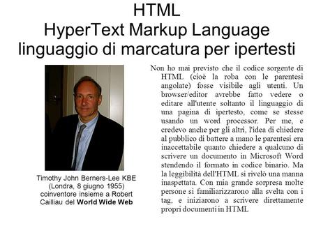 HTML HyperText Markup Language linguaggio di marcatura per ipertesti