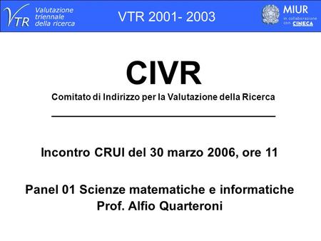 CIVR Comitato di Indirizzo per la Valutazione della Ricerca ________________________________ Incontro CRUI del 30 marzo 2006, ore 11 Panel 01 Scienze matematiche.