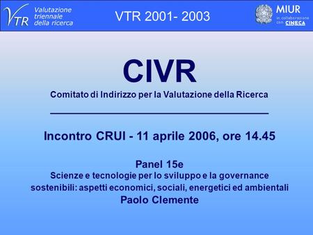 CIVR Comitato di Indirizzo per la Valutazione della Ricerca ________________________________ Incontro CRUI - 11 aprile 2006, ore 14.45 Panel 15e Scienze.