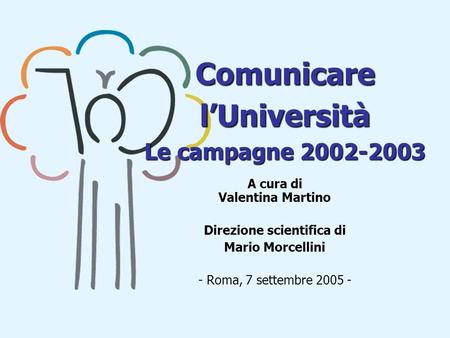 Comunicare lUniversità Le campagne 2002-2003 A cura di Valentina Martino Direzione scientifica di Mario Morcellini - Roma, 7 settembre 2005 -