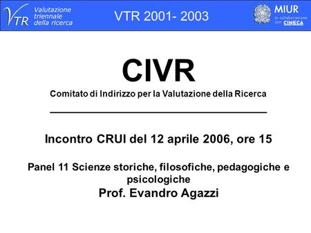 CIVR Comitato di Indirizzo per la Valutazione della Ricerca ________________________________ Incontro CRUI del 12 aprile 2006, ore 15 Panel 11 Scienze.