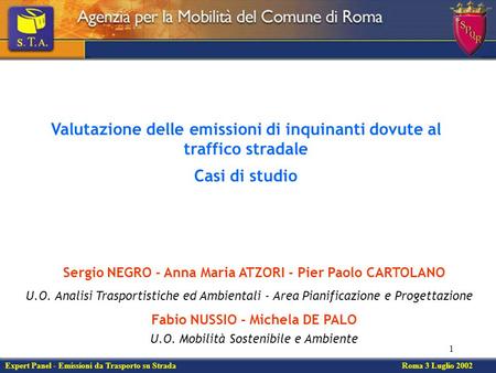 1 Valutazione delle emissioni di inquinanti dovute al traffico stradale Casi di studio Expert Panel - Emissioni da Trasporto su Strada Roma 3 Luglio 2002.